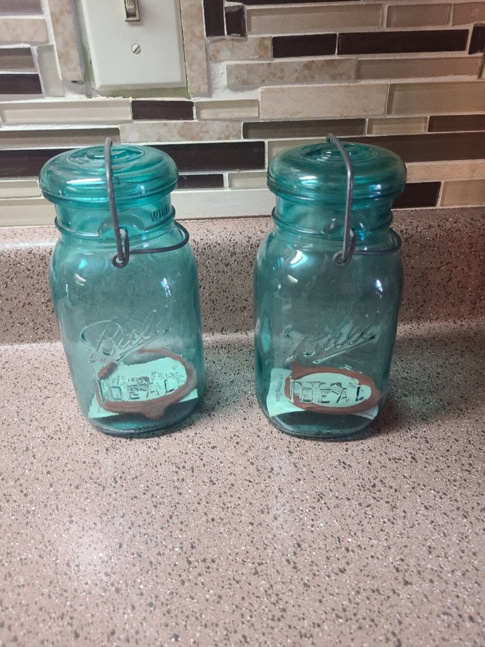 2 Vintage Bicentennial Eagle Quart BALL Blue JARs with Wire Bail and Glass Lid